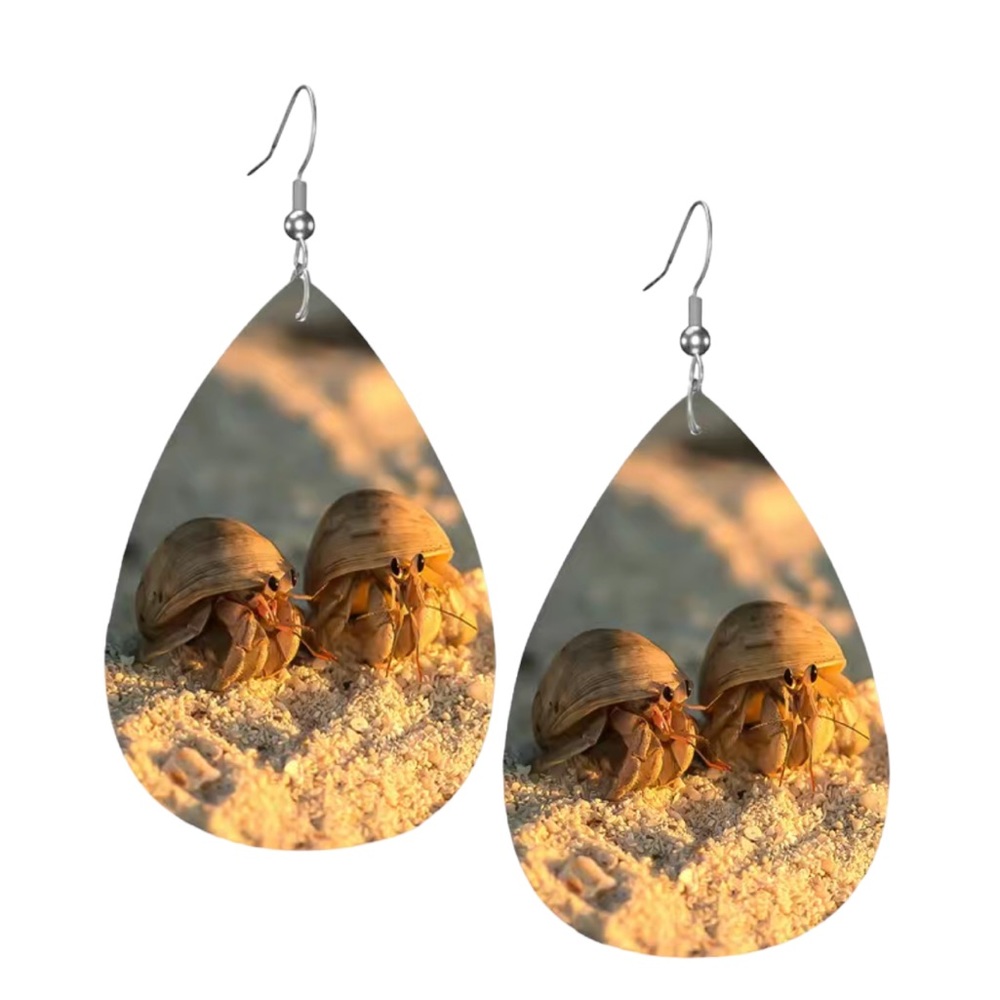 Leather Teardrop Shaped Hermit Crab Print Earrings